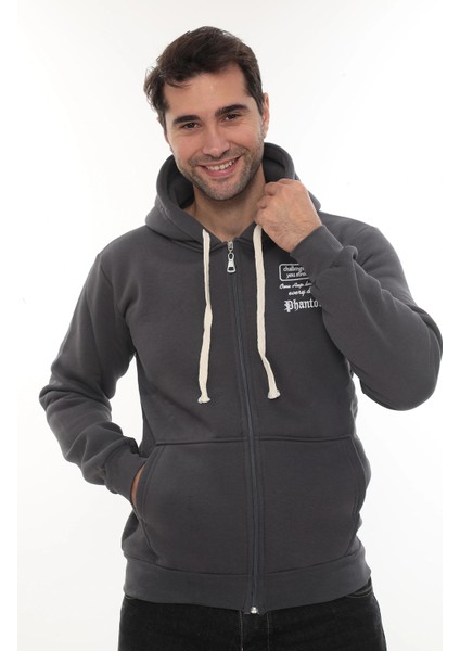 Erkek Füme Standart Fit Normal Kesim Içi Polarlı Tam Fermuarlı Kapüşonlu Pamuklu Sweatshirt modelleri