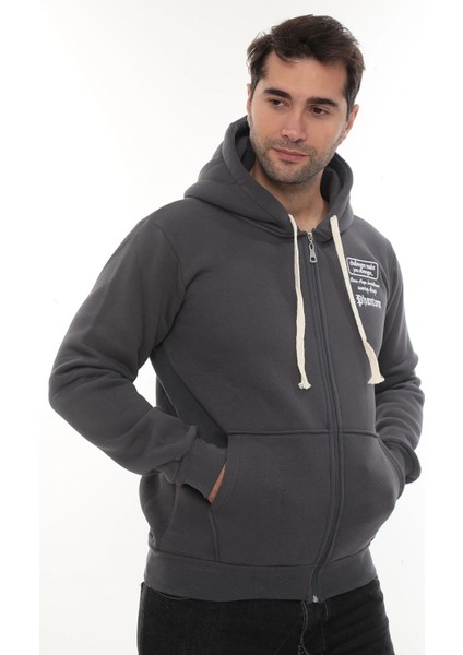 Erkek Füme Standart Fit Normal Kesim Içi Polarlı Tam Fermuarlı Kapüşonlu Pamuklu Sweatshirt indirimleri