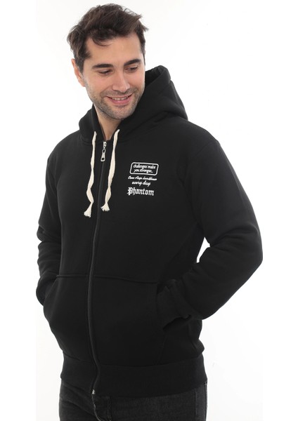 Erkek Siyah Standart Fit Normal Kesim Içi Polarlı Tam Fermuarlı Kapüşonlu Pamuklu Sweatshirt