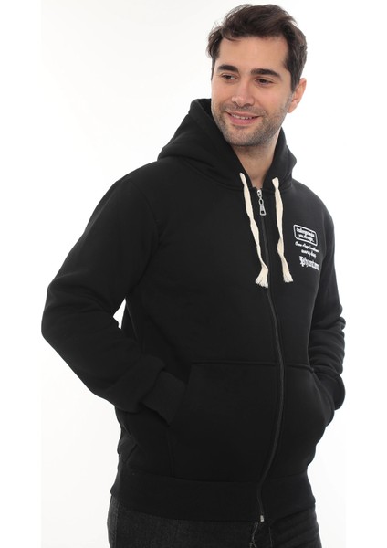 Erkek Siyah Standart Fit Normal Kesim Içi Polarlı Tam Fermuarlı Kapüşonlu Pamuklu Sweatshirt fiyatları