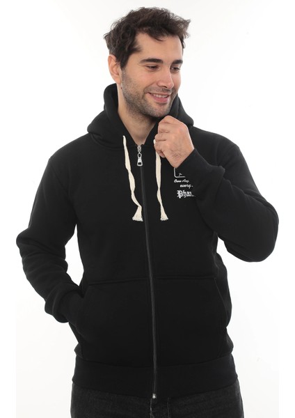 Erkek Siyah Standart Fit Normal Kesim Içi Polarlı Tam Fermuarlı Kapüşonlu Pamuklu Sweatshirt modelleri