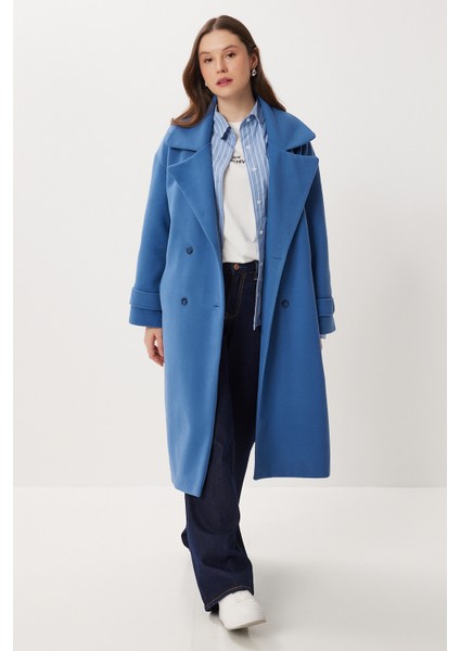 Kruvaze Yaka Kuşaklı Kaşe Kaban LDW0007 Indigo Mavi