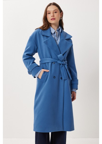 Kruvaze Yaka Kuşaklı Kaşe Kaban LDW0007 Indigo Mavi fiyatları