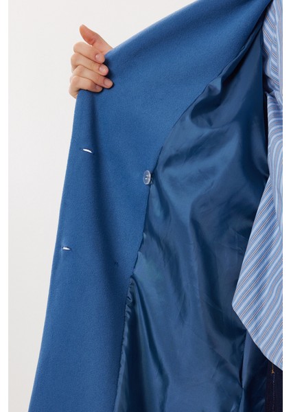 Kruvaze Yaka Kuşaklı Kaşe Kaban LDW0007 Indigo Mavi fırsatları