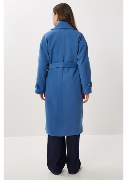 Kruvaze Yaka Kuşaklı Kaşe Kaban LDW0007 Indigo Mavi indirimleri