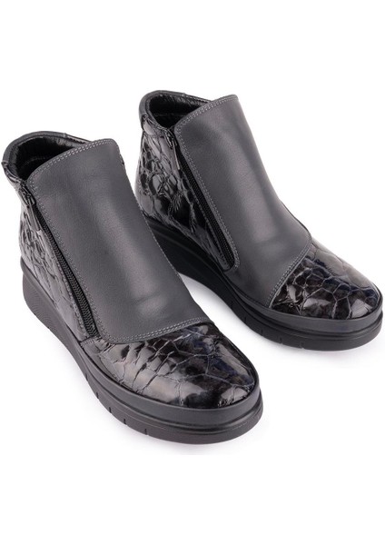 Hakiki Deri Modern Ortopedik Fermuarlı Bot Siyah 1064