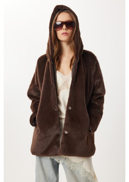 Kapüşonlu Suni Kürk Kaban LZH0018 Kahverengi
