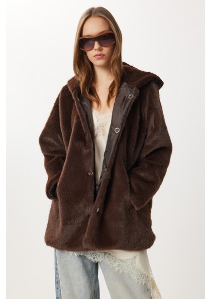 Kapüşonlu Suni Kürk Kaban LZH0018 Kahverengi fiyatları