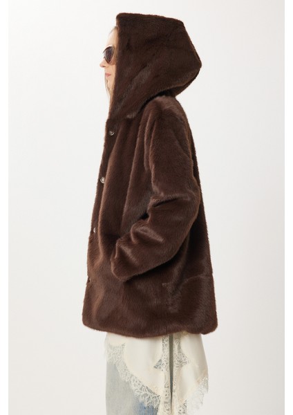 Kapüşonlu Suni Kürk Kaban LZH0018 Kahverengi fırsatları