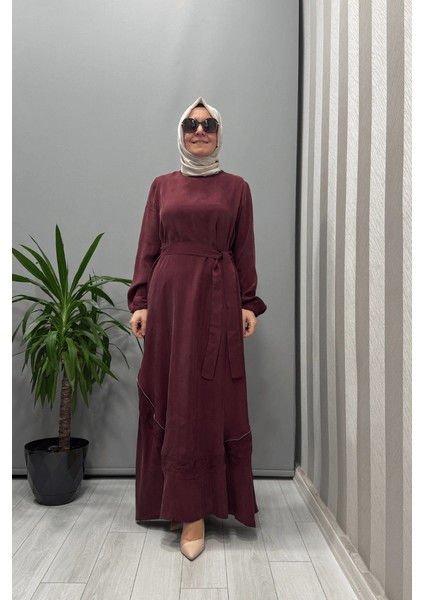 Nakış ve Fermuar Detaylı Cupra Ipek Elbise Bordo 37800