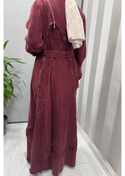 Nakış ve Fermuar Detaylı Cupra Ipek Elbise Bordo 37800 fırsatları