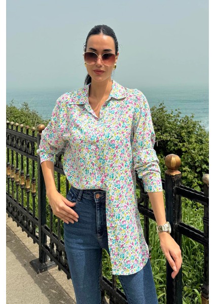 Çiçek Desen Pembe Mavi Viskon Gömlek