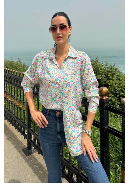 Çiçek Desen Pembe Mavi Viskon Gömlek