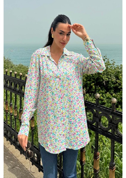 Çiçek Desen Pembe Mavi Viskon Gömlek