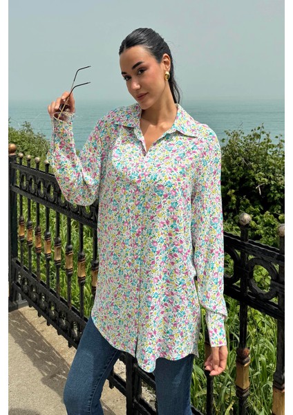 Çiçek Desen Pembe Mavi Viskon Gömlek