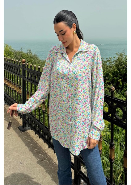 Çiçek Desen Pembe Mavi Viskon Gömlek