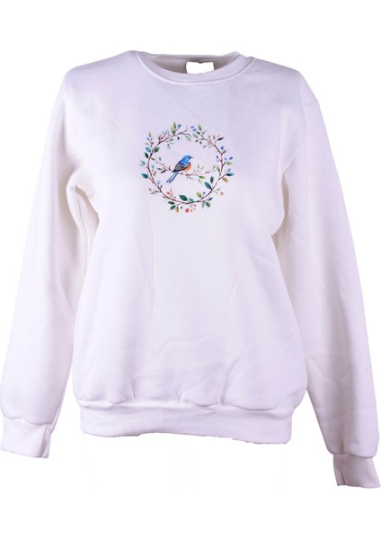 26KL71S95006 Ekru Kadın Sweatshirt Mavi Çiçek Baskılı