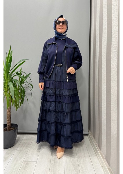 Fırfır Detaylı Ceket Elbise Takım Lacivert 38807