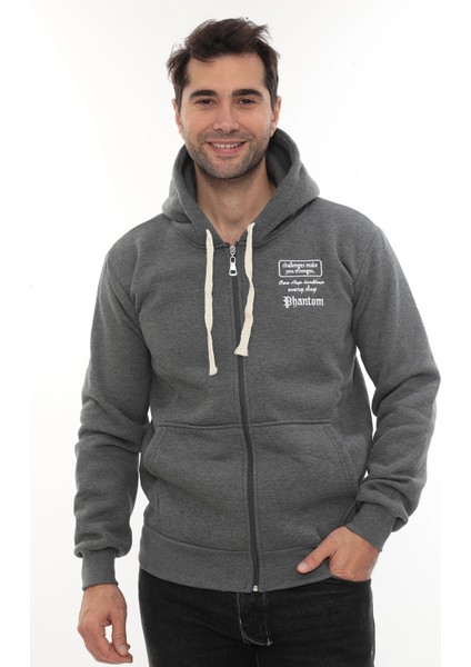 Erkek Koyu Gri Standart Fit Normal Kesim Içi Polarlı Tam Fermuarlı Kapüşonlu Pamuklu Sweatshirt