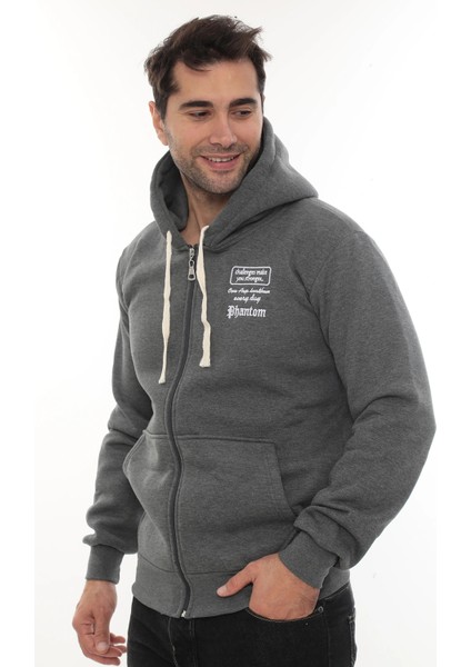Erkek Koyu Gri Standart Fit Normal Kesim Içi Polarlı Tam Fermuarlı Kapüşonlu Pamuklu Sweatshirt fiyatları