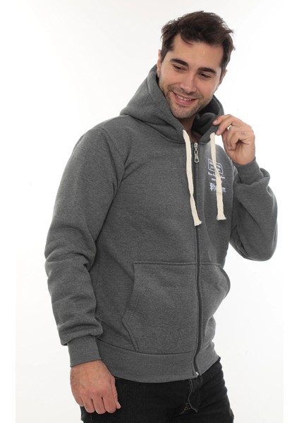 Erkek Koyu Gri Standart Fit Normal Kesim Içi Polarlı Tam Fermuarlı Kapüşonlu Pamuklu Sweatshirt modelleri