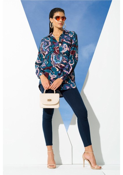 Yeşil Etnik Desen Viskon Gömlek