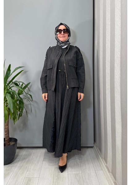 Ceketli Beli Büzgülü Elbise Siyah 26KGSTKM3196