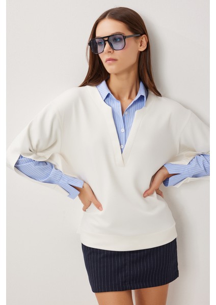 Gömlek Yaka Modal Sweatshirt LXA0018 Kemik