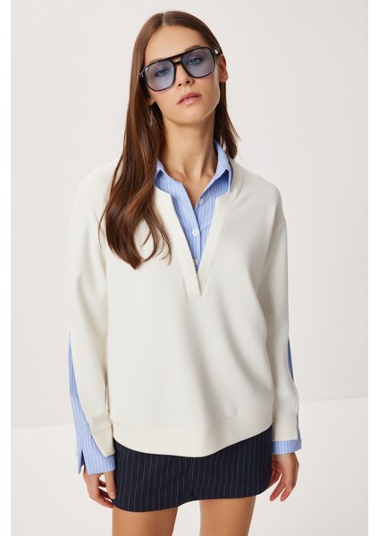 Gömlek Yaka Modal Sweatshirt LXA0018 Kemik modelleri