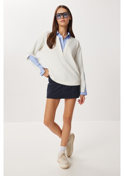 Gömlek Yaka Modal Sweatshirt LXA0018 Kemik fırsatları