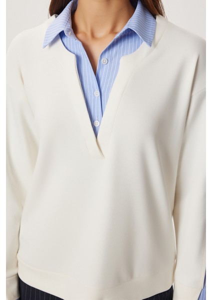 Gömlek Yaka Modal Sweatshirt LXA0018 Kemik indirimleri