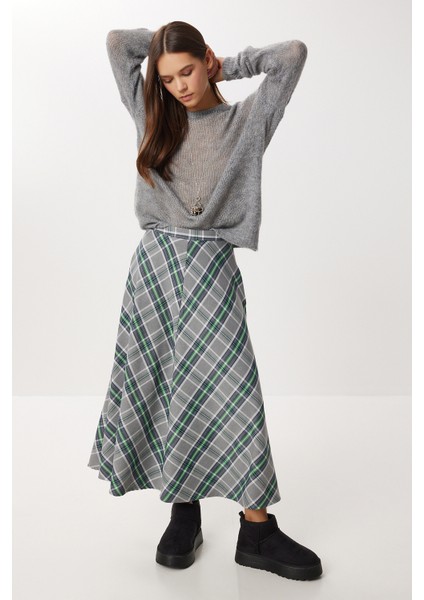Kareli Midi Kloş Etek LNS0092 Gri Yeşil