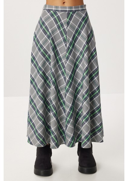 Kareli Midi Kloş Etek LNS0092 Gri Yeşil fırsatları
