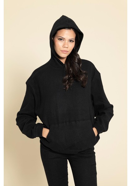 Oversize Kanguru Cepli Siyah Sweatshirt