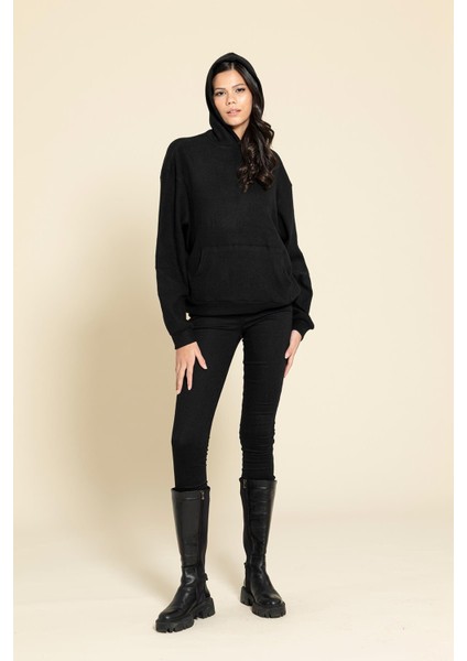 Oversize Kanguru Cepli Siyah Sweatshirt