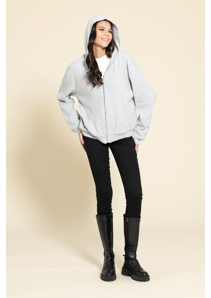 Oversize Fermuarlı Cepli Gri Sweatshirt