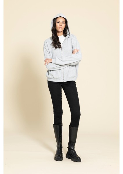 Oversize Fermuarlı Cepli Gri Sweatshirt