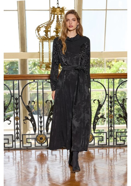 Jakarlı Cupro Elbise Siyah 38801 indirimleri