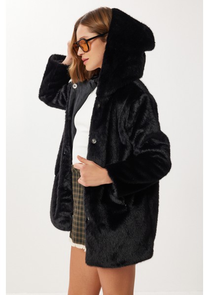 Kapüşonlu Suni Kürk Kaban LZH0018 Siyah