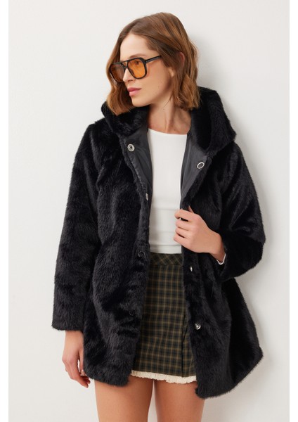 Kapüşonlu Suni Kürk Kaban LZH0018 Siyah modelleri