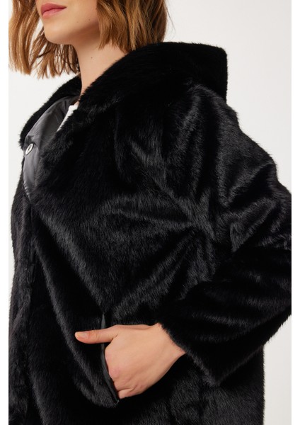 Kapüşonlu Suni Kürk Kaban LZH0018 Siyah indirimleri
