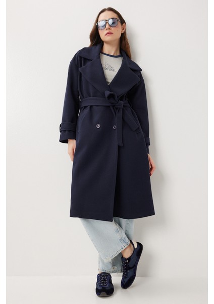 Kruvaze Yaka Kuşaklı Kaşe Kaban LDW0007 Lacivert