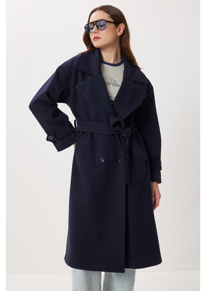 Kruvaze Yaka Kuşaklı Kaşe Kaban LDW0007 Lacivert fiyatları