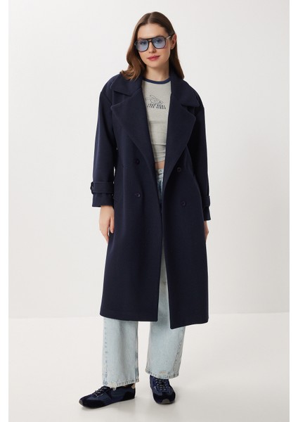 Kruvaze Yaka Kuşaklı Kaşe Kaban LDW0007 Lacivert modelleri