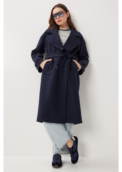 Kruvaze Yaka Kuşaklı Kaşe Kaban LDW0007 Lacivert fırsatları