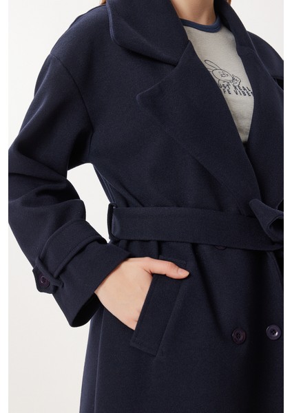 Kruvaze Yaka Kuşaklı Kaşe Kaban LDW0007 Lacivert indirimleri