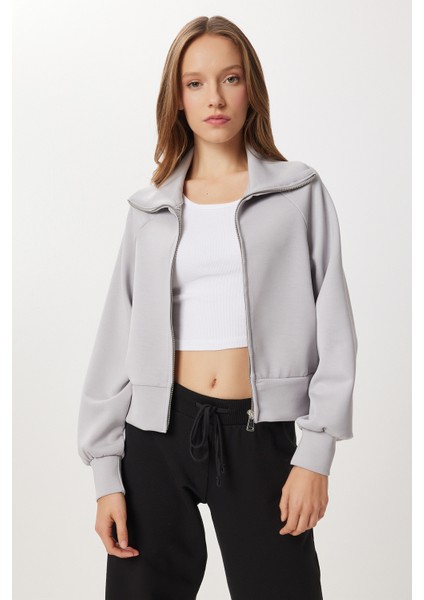 Dik Yaka Fermuarlı Modal Sweatshirt LUB0308 Taş Grisi