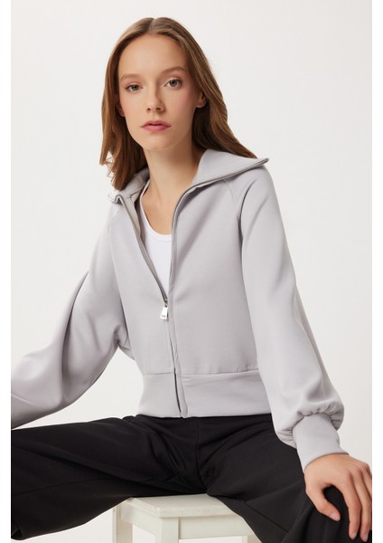 Dik Yaka Fermuarlı Modal Sweatshirt LUB0308 Taş Grisi fiyatları