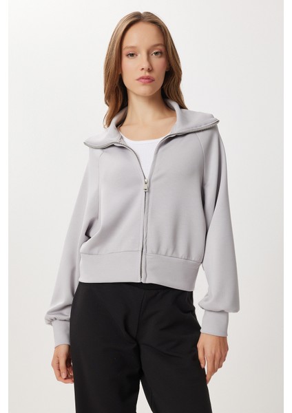 Dik Yaka Fermuarlı Modal Sweatshirt LUB0308 Taş Grisi modelleri