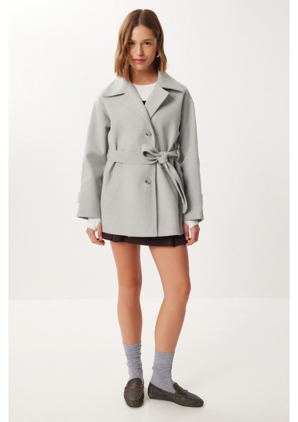 Kruvaze Yaka Kuşaklı Kaşe Kaban LDP0086 Gri